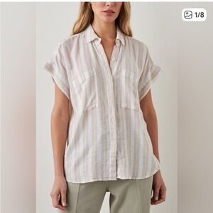 Rails Cito Shore-Stripe Button Shirt in White and Beige Linen Blend Beach Casual